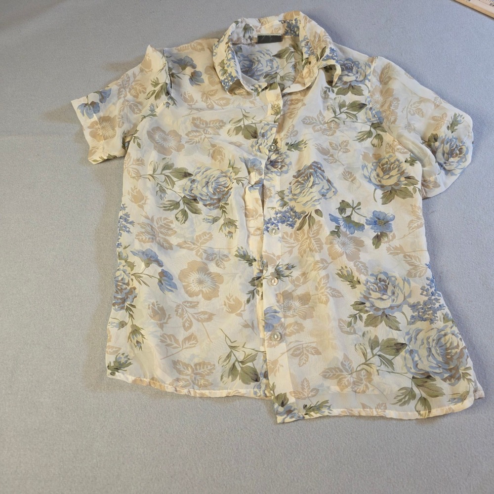 Penmans Vintage Floral Short Sleeve Button Up Blouse Cream Blue Distressed Small